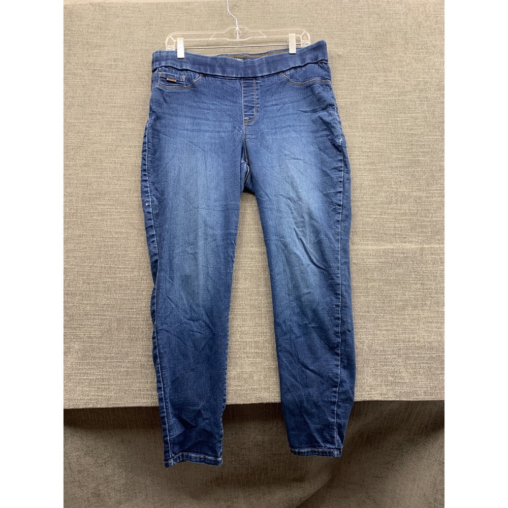 Nine West Pull On Skinny Jeans Womens 14 Blue Denim Whiskered Streetwear Grunge
